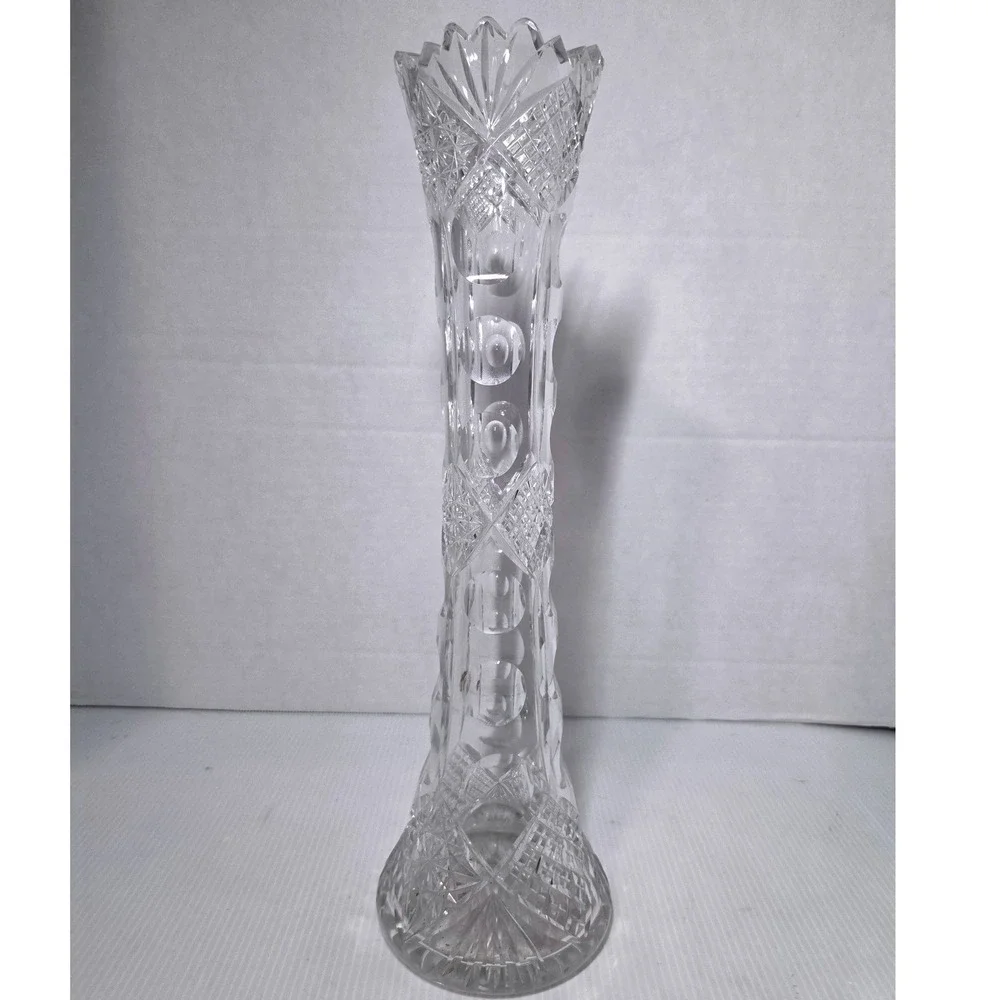 Antique American Brilliant Cut Glass Trumpet Vase Hobstar Punty Sawtooth Rim
